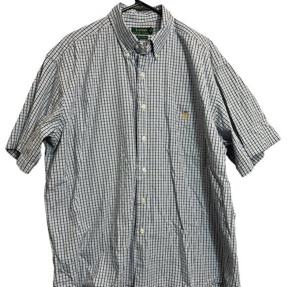 Lauren Ralph Lauren Mens‎ XL Button Down Plaid Short Sleeve Gold Crown Blue - Picture 2 of 7